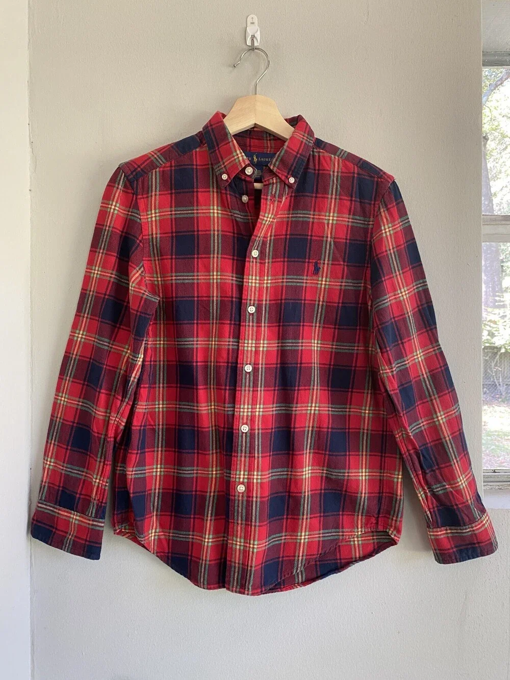 Ralph Lauren Boys Classic Holiday Red Tartan Plaid Button Down Shirt L 14-16